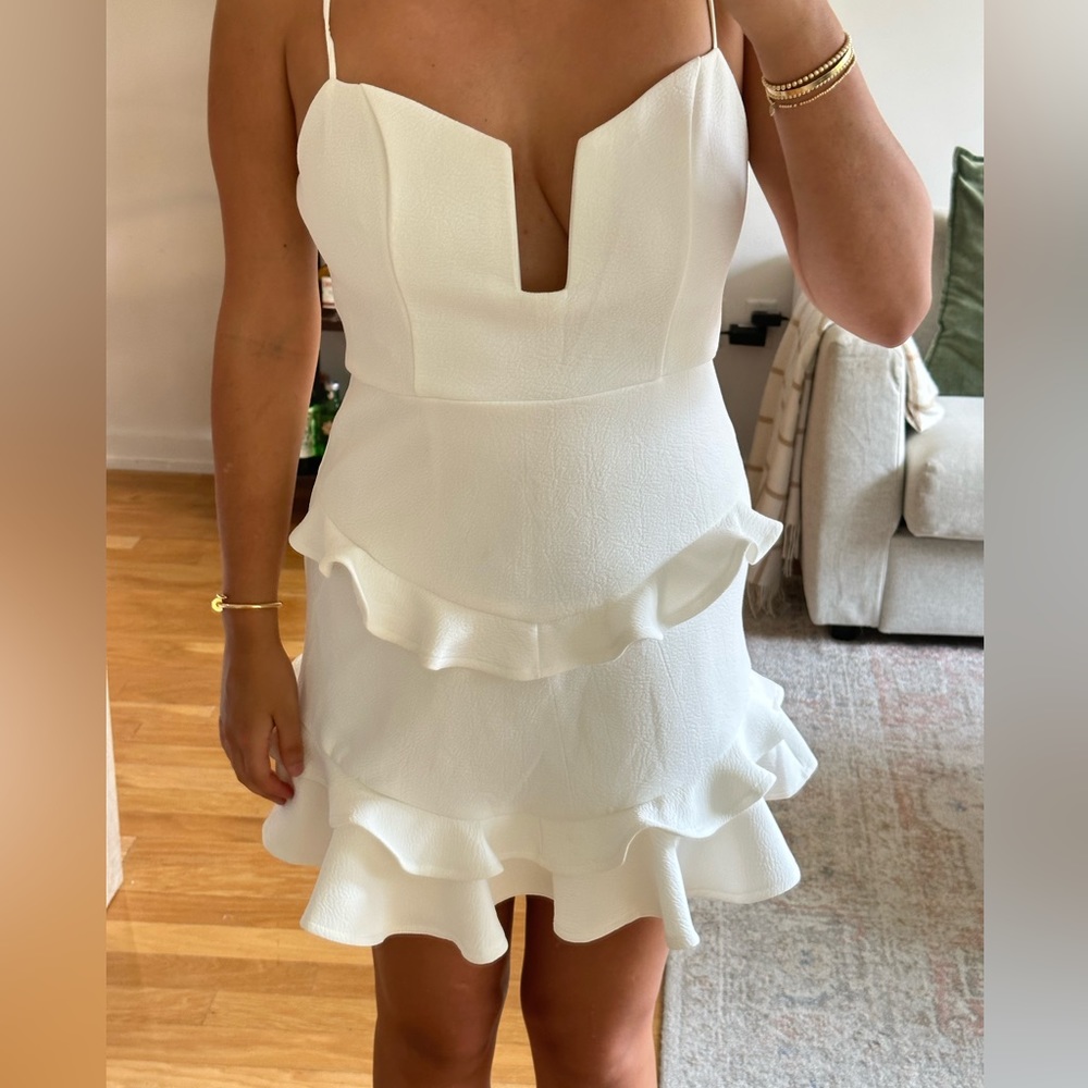 White Ruffle Dress With Low Cut Front - Picture 2 of 6